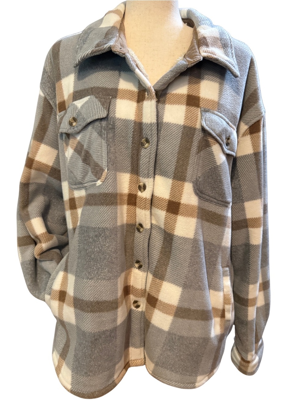 Plaid Fleece Shacket in Gray, Cream & Brown